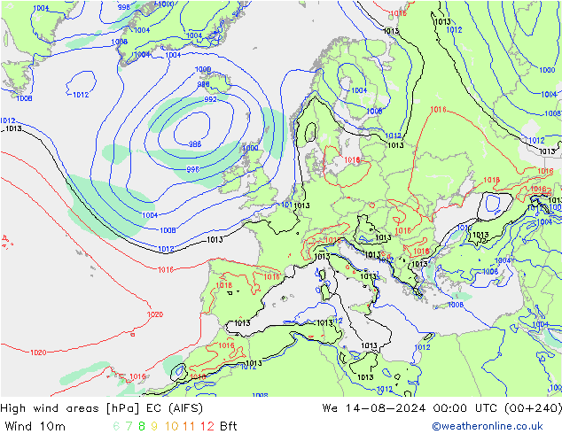 High wind areas EC (AIFS) 星期三 14.08.2024 00 UTC