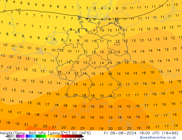 Hoogte/Temp. 850 hPa EC (AIFS) vr 09.08.2024 18 UTC