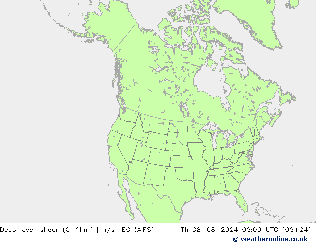 Deep layer shear (0-1km) EC (AIFS) do 08.08.2024 06 UTC