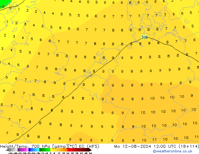 Height/Temp. 700 hPa EC (AIFS) 星期一 12.08.2024 12 UTC