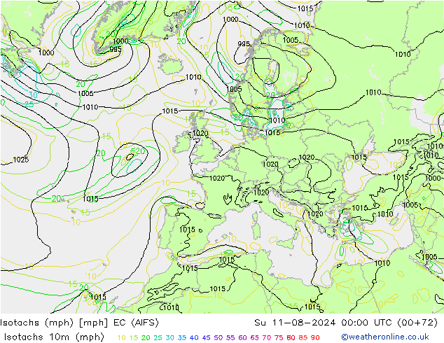 Isotachs (mph) EC (AIFS) 星期日 11.08.2024 00 UTC