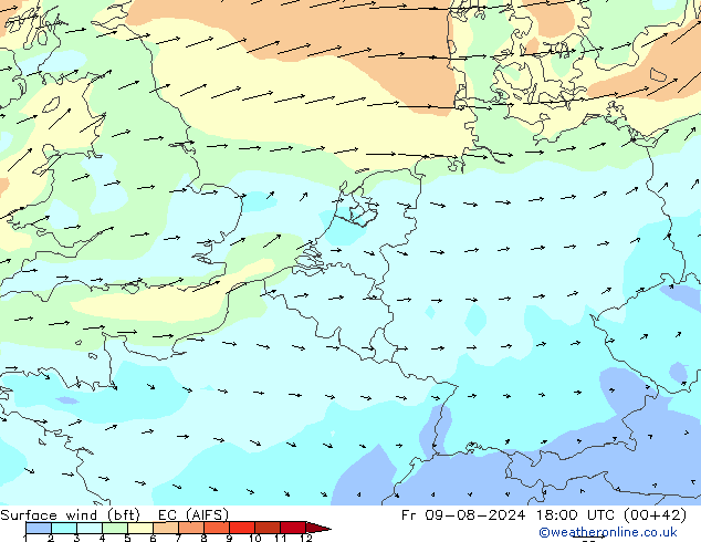 Wind 10 m (bft) EC (AIFS) vr 09.08.2024 18 UTC