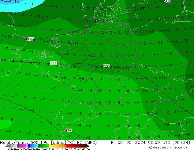 Hoogte/Temp. 500 hPa EC (AIFS) vr 09.08.2024 06 UTC