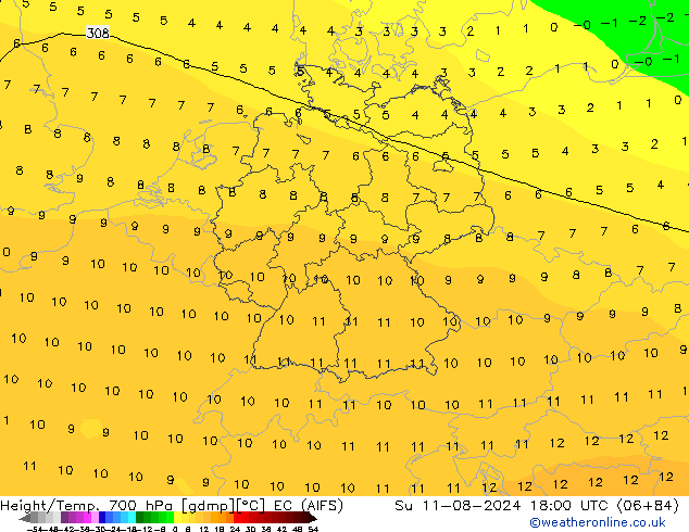 Hoogte/Temp. 700 hPa EC (AIFS) zo 11.08.2024 18 UTC