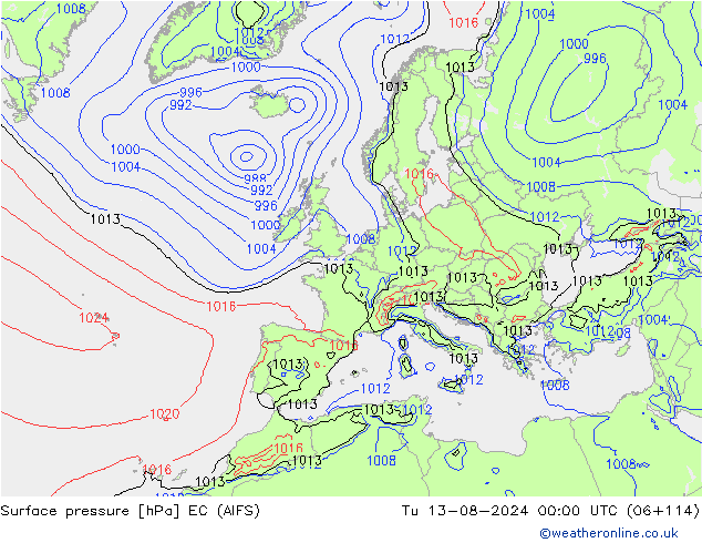 地面气压 EC (AIFS) 星期二 13.08.2024 00 UTC