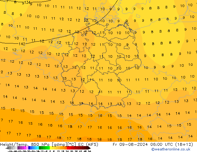 Hoogte/Temp. 850 hPa EC (AIFS) vr 09.08.2024 06 UTC