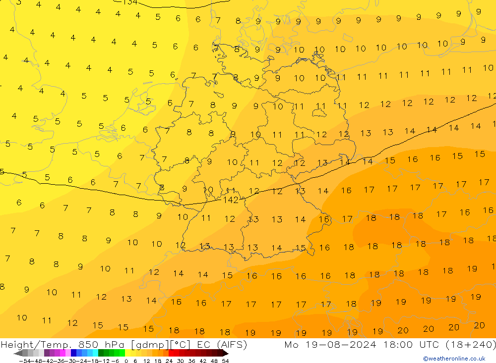 Hoogte/Temp. 850 hPa EC (AIFS) ma 19.08.2024 18 UTC