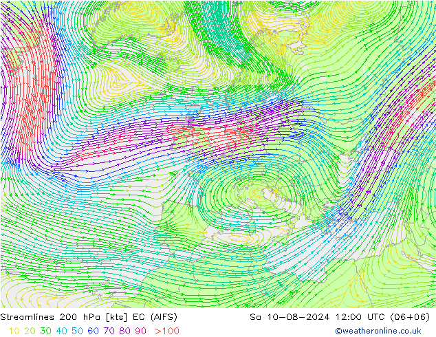 Stroomlijn 200 hPa EC (AIFS) za 10.08.2024 12 UTC