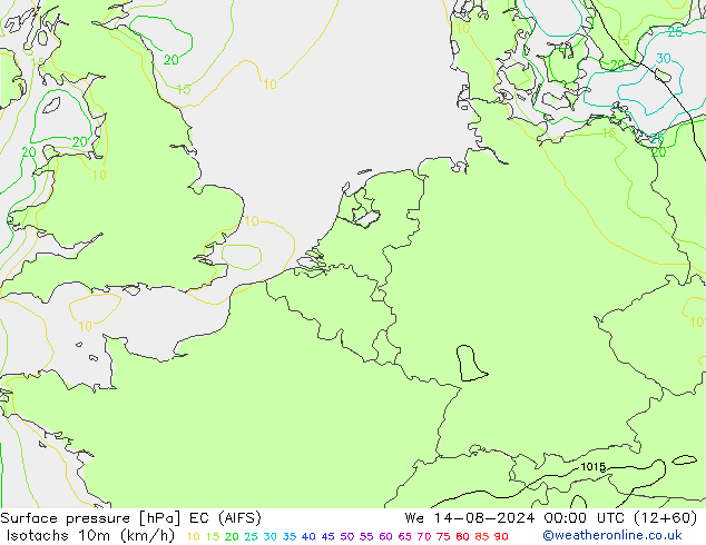 10米等风速线 (kph) EC (AIFS) 星期三 14.08.2024 00 UTC