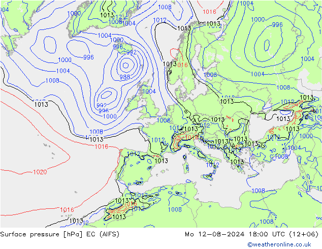 地面气压 EC (AIFS) 星期一 12.08.2024 18 UTC