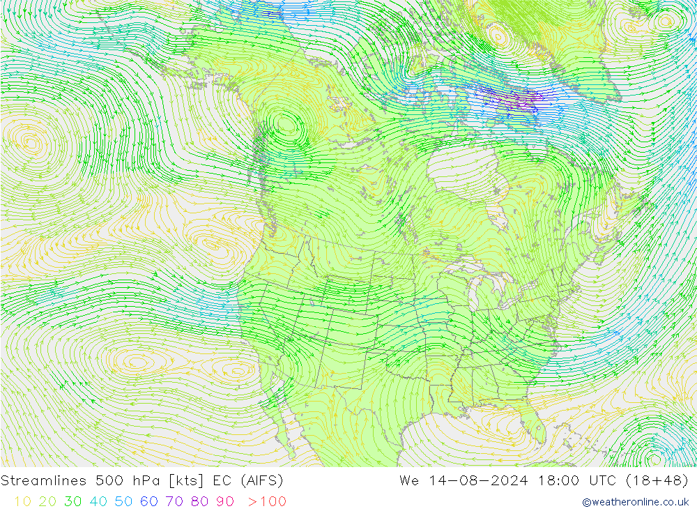 Stroomlijn 500 hPa EC (AIFS) wo 14.08.2024 18 UTC