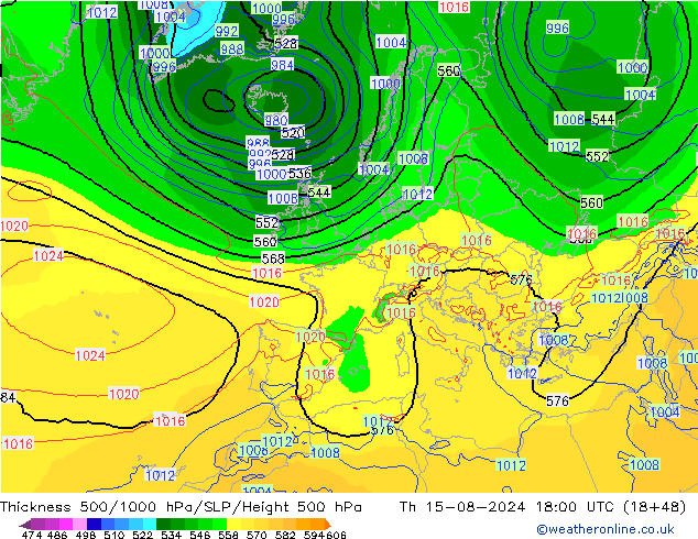 Dikte 500-1000hPa EC (AIFS) do 15.08.2024 18 UTC