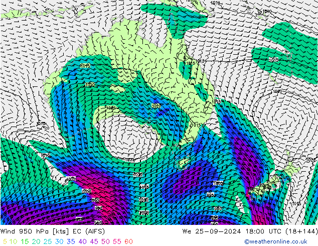 Viento 950 hPa EC (AIFS) mié 25.09.2024 18 UTC