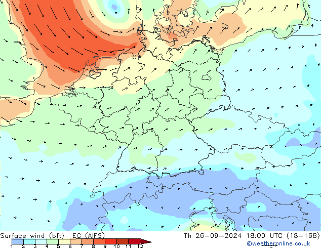 Bodenwind (bft) EC (AIFS) Do 26.09.2024 18 UTC