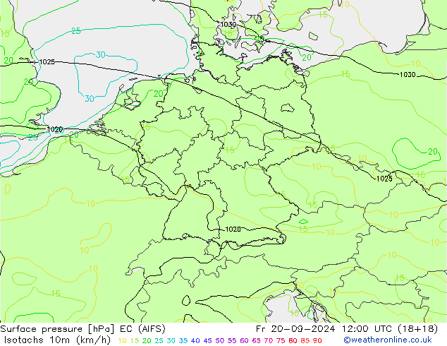 Isotachs (kph) EC (AIFS) Pá 20.09.2024 12 UTC