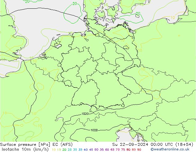 Isotachs (kph) EC (AIFS) Ne 22.09.2024 00 UTC