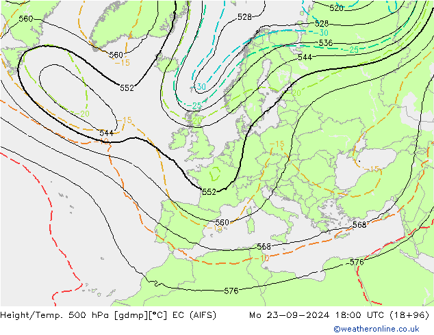 Height/Temp. 500 hPa EC (AIFS) pon. 23.09.2024 18 UTC