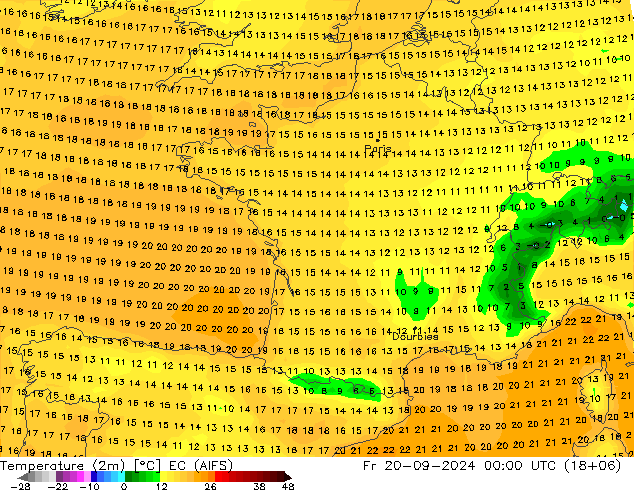 Temperature (2m) EC (AIFS) Fr 20.09.2024 00 UTC