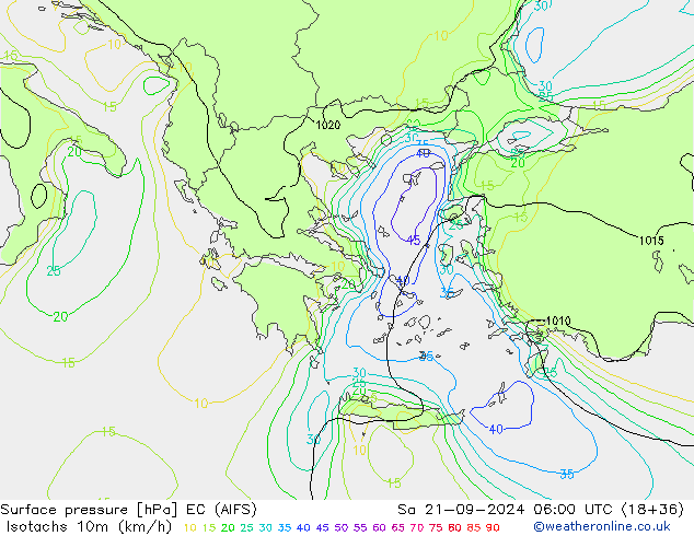 Isotachs (kph) EC (AIFS) sab 21.09.2024 06 UTC