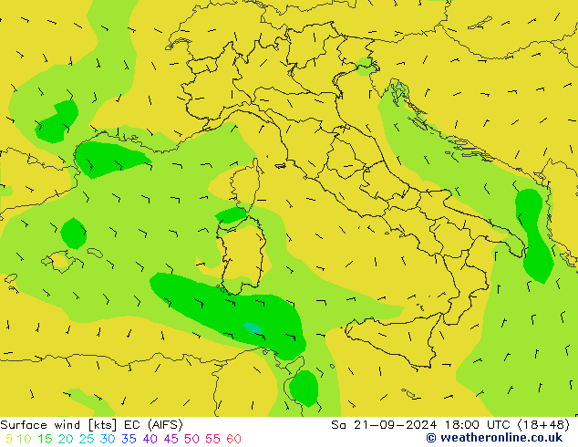 Vento 10 m EC (AIFS) sab 21.09.2024 18 UTC