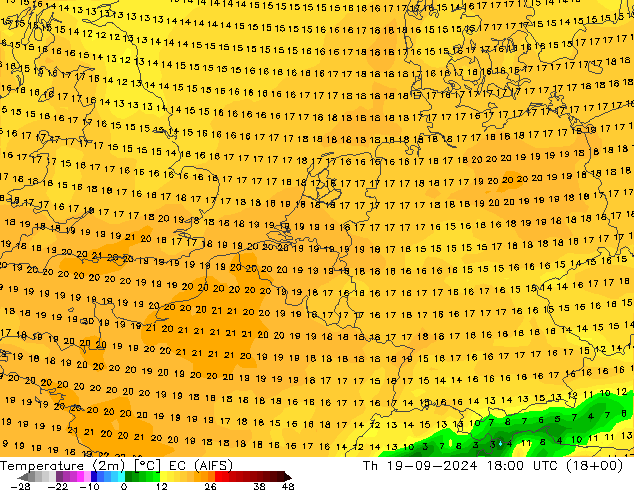 Temperature (2m) EC (AIFS) Čt 19.09.2024 18 UTC