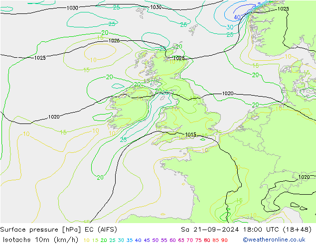 Isotachs (kph) EC (AIFS) сб 21.09.2024 18 UTC