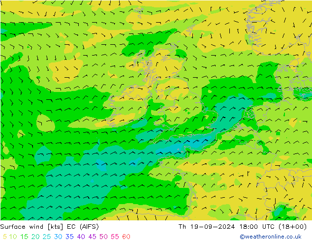 Vento 10 m EC (AIFS) gio 19.09.2024 18 UTC