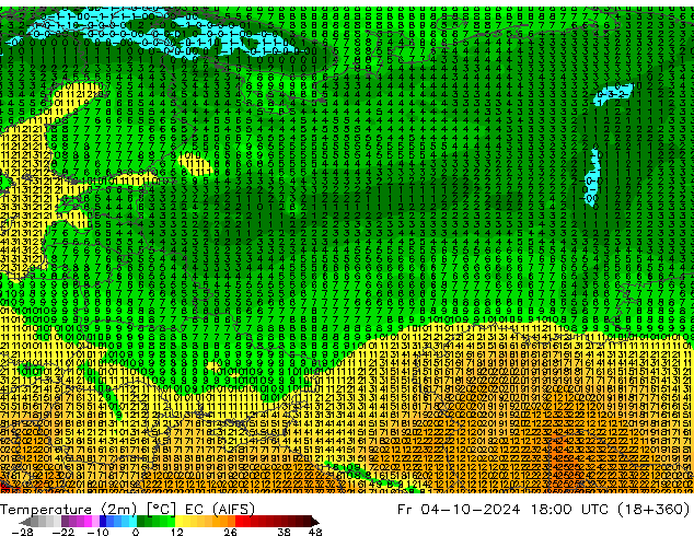 Temperatuurkaart (2m) EC (AIFS) vr 04.10.2024 18 UTC