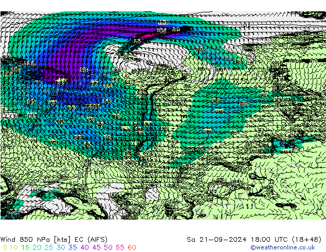 Wind 850 hPa EC (AIFS) Sa 21.09.2024 18 UTC