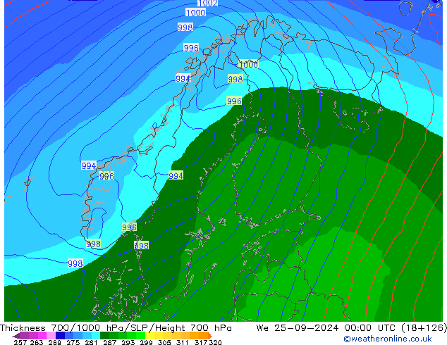 Thck 700-1000 hPa EC (AIFS) mer 25.09.2024 00 UTC