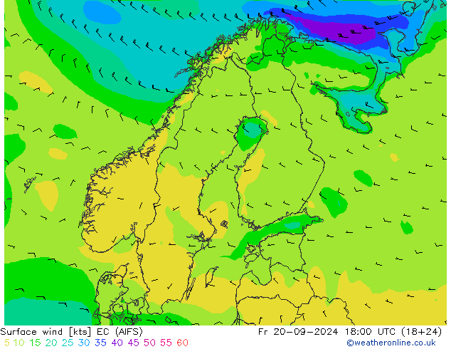 Vento 10 m EC (AIFS) ven 20.09.2024 18 UTC