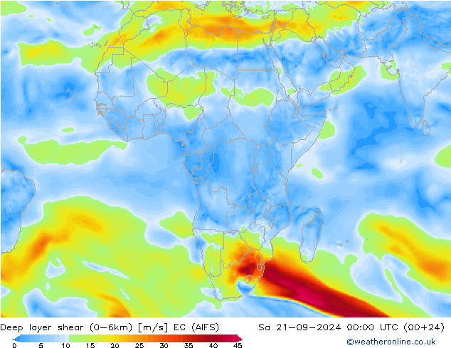 Deep layer shear (0-6km) EC (AIFS) sab 21.09.2024 00 UTC