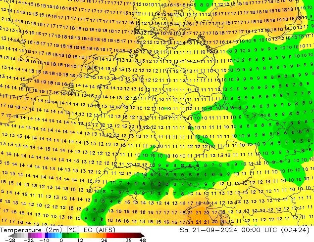 Temperature (2m) EC (AIFS) Sa 21.09.2024 00 UTC