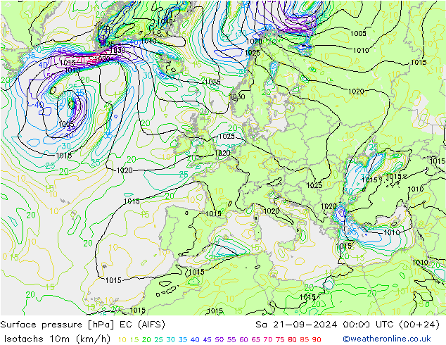 Isotachen (km/h) EC (AIFS) Sa 21.09.2024 00 UTC