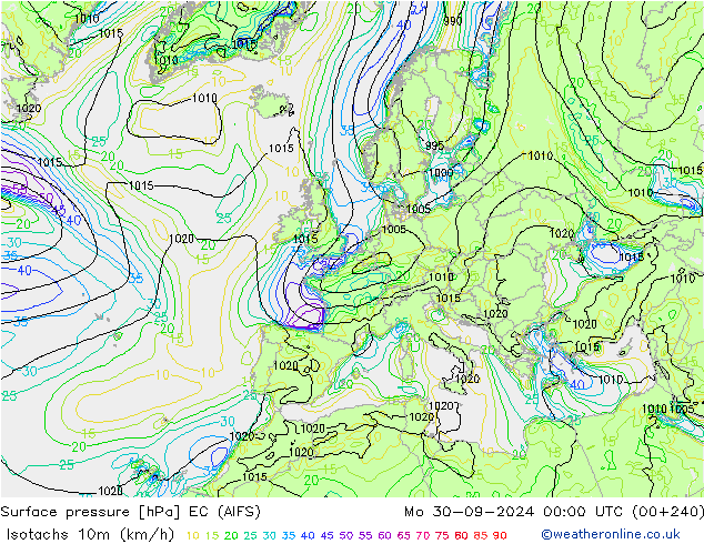 Isotachen (km/h) EC (AIFS) ma 30.09.2024 00 UTC