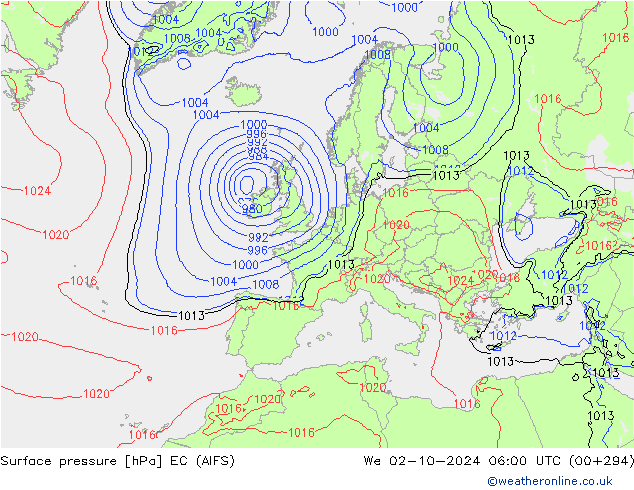 Atmosférický tlak EC (AIFS) St 02.10.2024 06 UTC