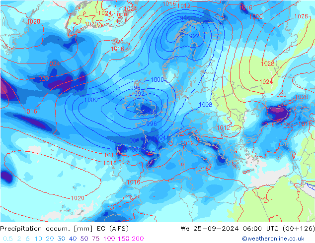 Precipitation accum. EC (AIFS) We 25.09.2024 06 UTC