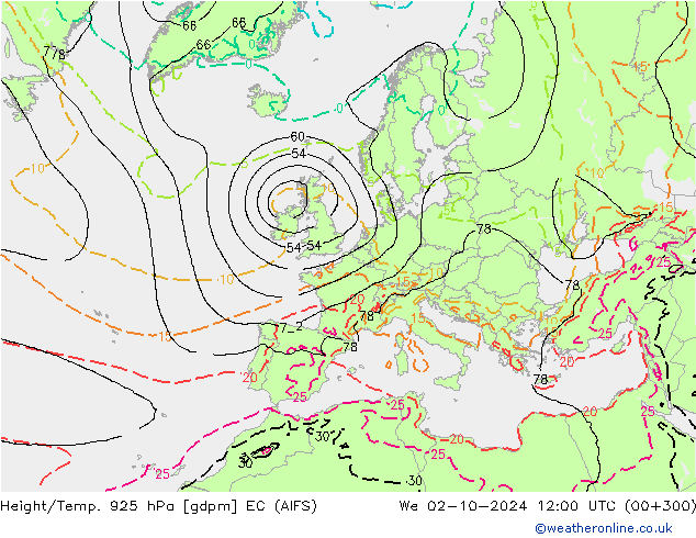 Geop./Temp. 925 hPa EC (AIFS) mié 02.10.2024 12 UTC