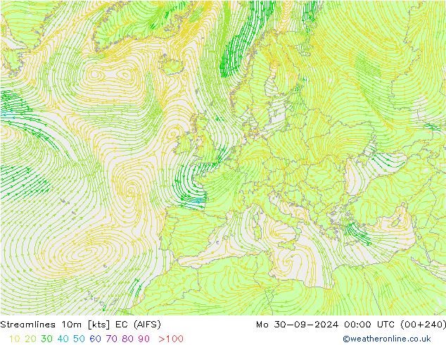 Stromlinien 10m EC (AIFS) Mo 30.09.2024 00 UTC