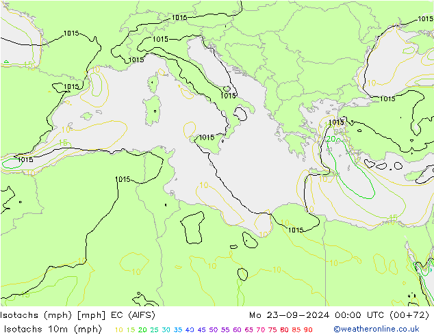 Isotachs (mph) EC (AIFS) Mo 23.09.2024 00 UTC