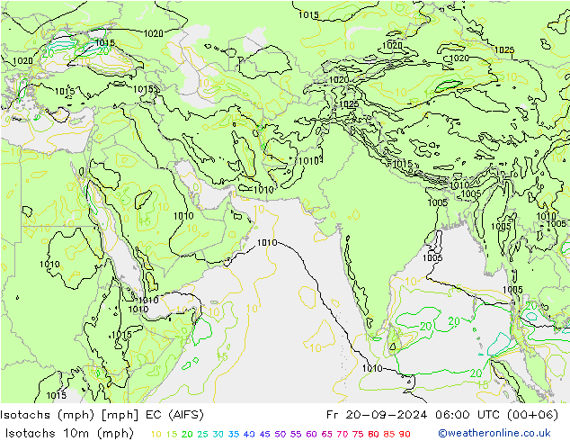 Isotachs (mph) EC (AIFS) 星期五 20.09.2024 06 UTC