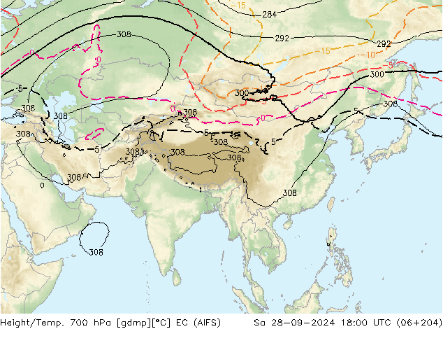 Height/Temp. 700 hPa EC (AIFS) so. 28.09.2024 18 UTC