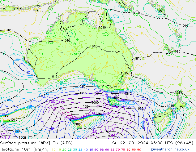 Izotacha (km/godz) EC (AIFS) nie. 22.09.2024 06 UTC