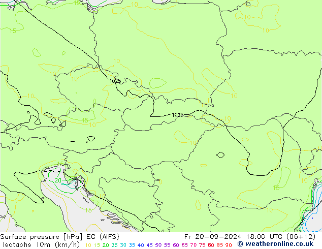 Isotaca (kph) EC (AIFS) vie 20.09.2024 18 UTC