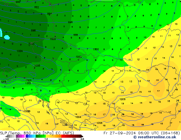 SLP/Temp. 850 hPa EC (AIFS) Pá 27.09.2024 06 UTC