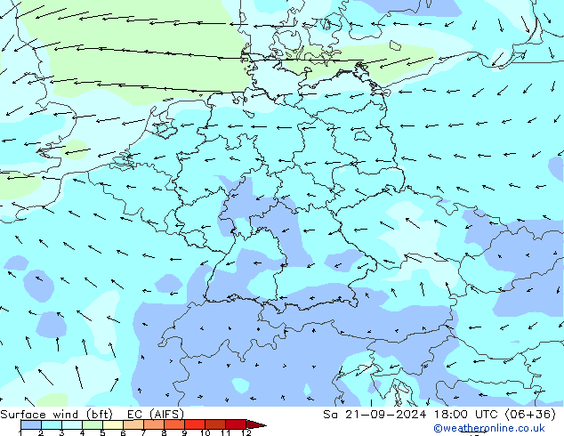 Vento 10 m (bft) EC (AIFS) Sáb 21.09.2024 18 UTC