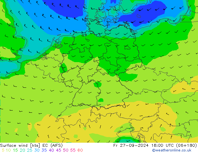 wiatr 10 m EC (AIFS) pt. 27.09.2024 18 UTC