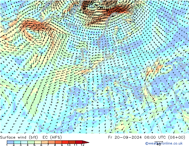 �N 10 米 (bft) EC (AIFS) 星期五 20.09.2024 06 UTC