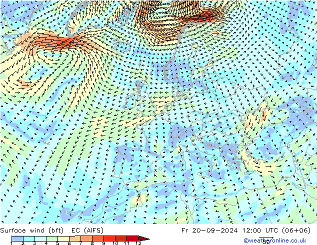 Viento 10 m (bft) EC (AIFS) vie 20.09.2024 12 UTC