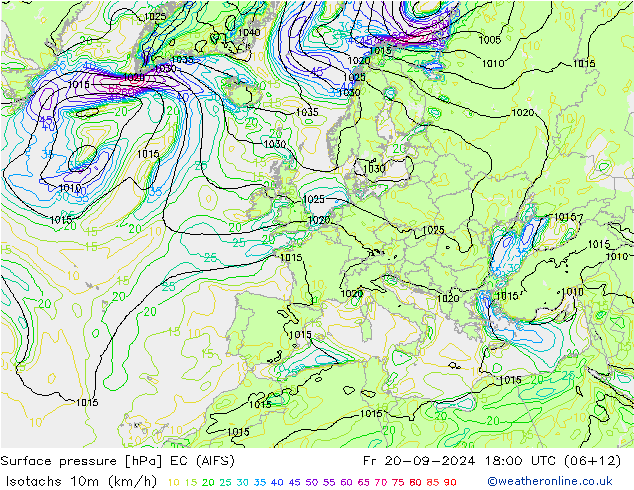 Isotachs (kph) EC (AIFS) ven 20.09.2024 18 UTC